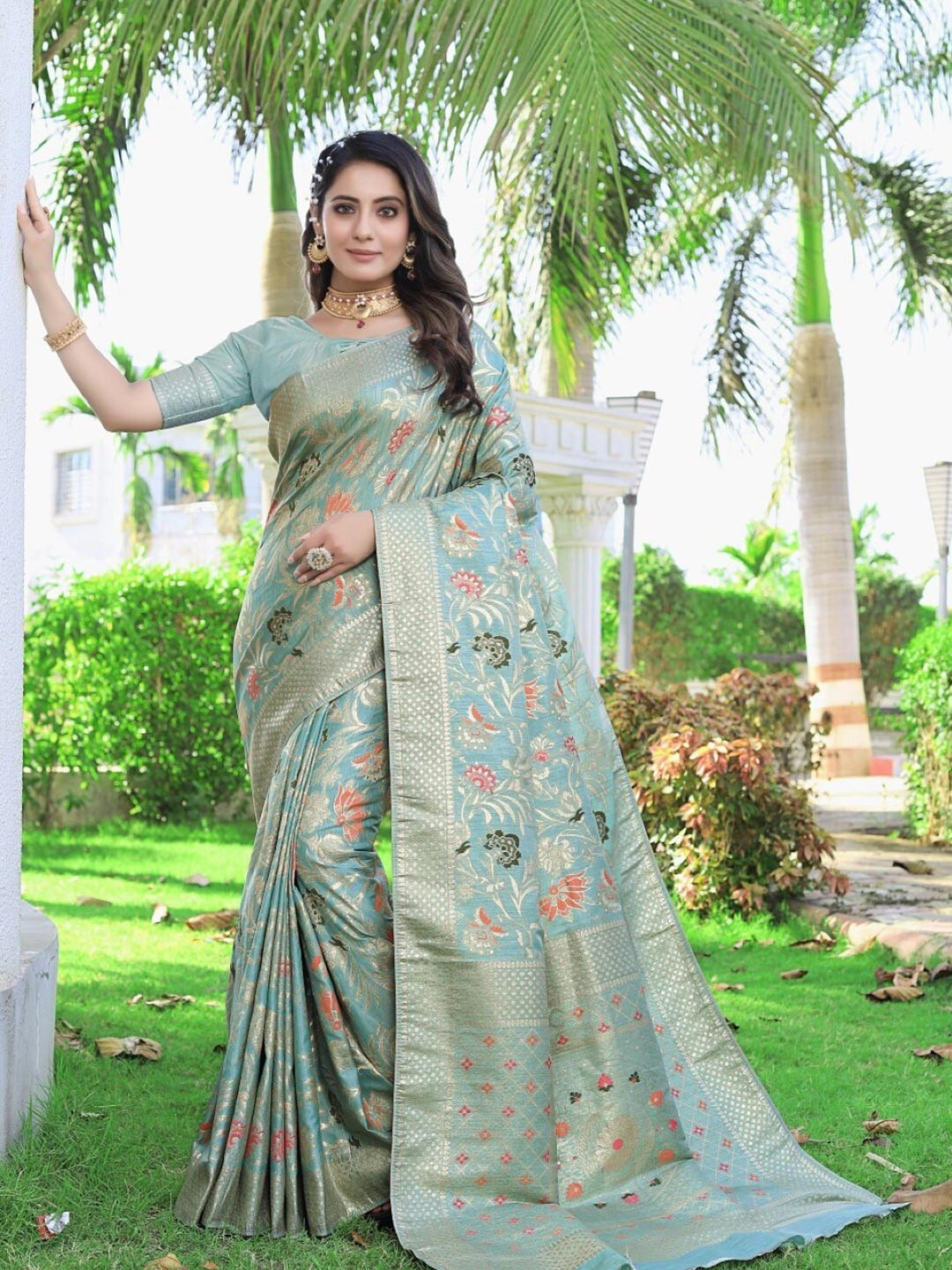 

Amoha Silk Floral Woven Design Zari Pure Silk Tussar Saree, Blue
