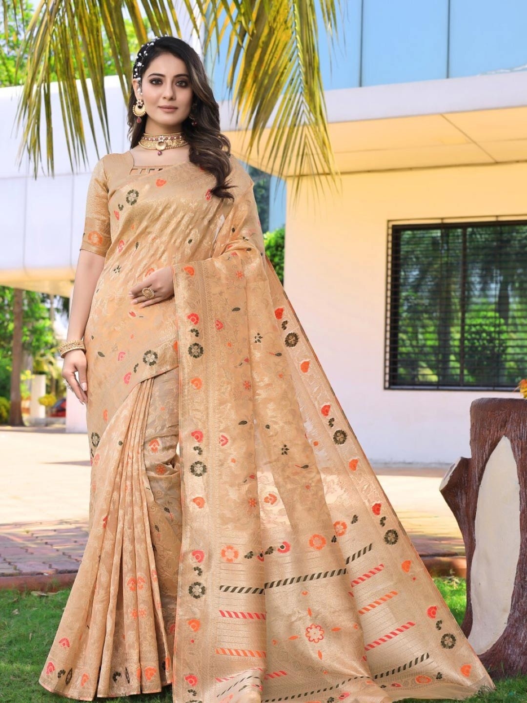 

Amoha Silk FloralWoven Design Zari Pure Silk Tussar Saree, Peach