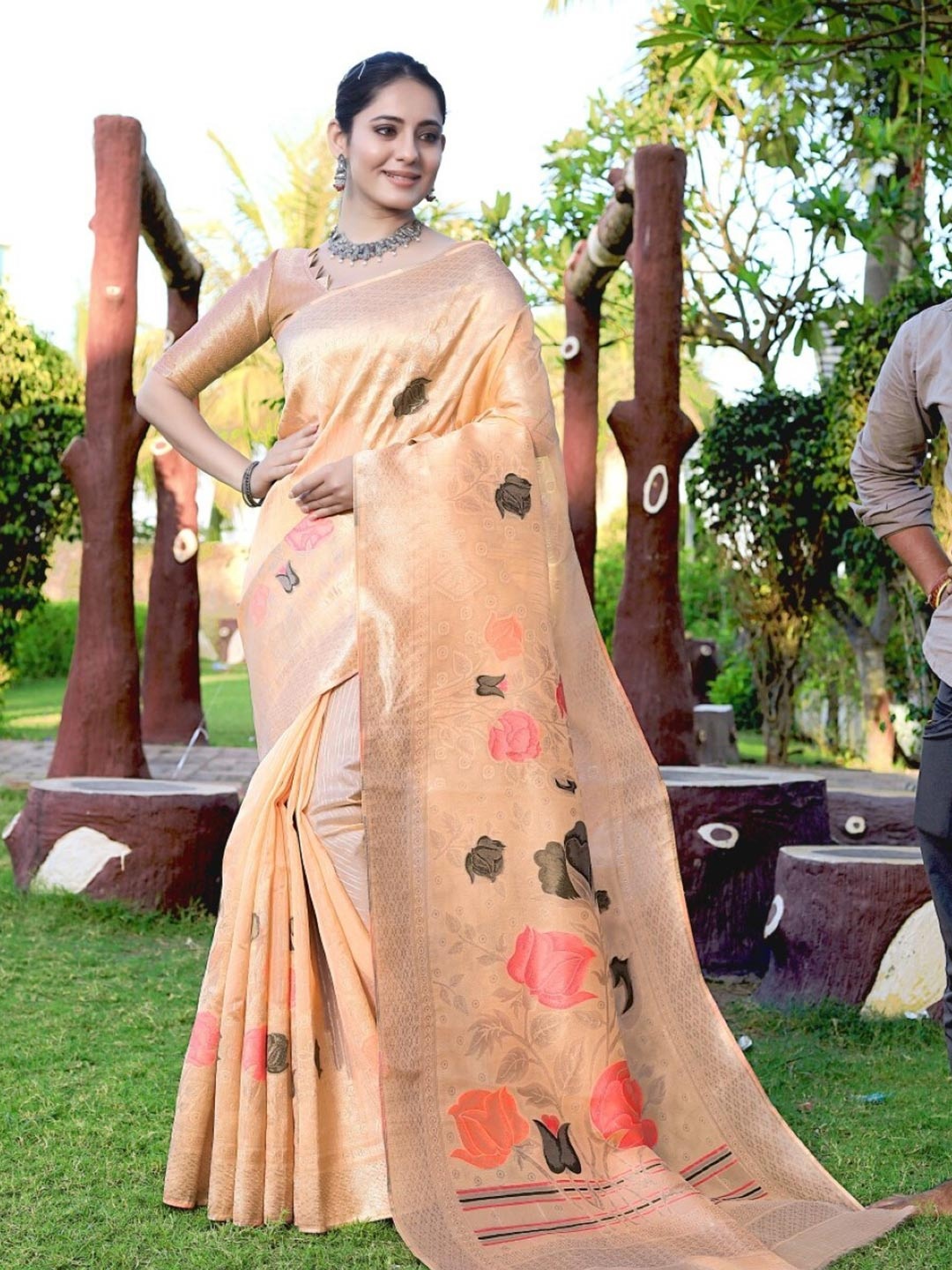 

Amoha Silk Floral Woven Design Zari Pure Silk Tussar Saree, Peach