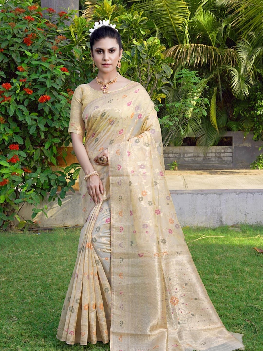 

Amoha Silk Floral Woven Design Zari Pure Silk Tussar Saree, Beige
