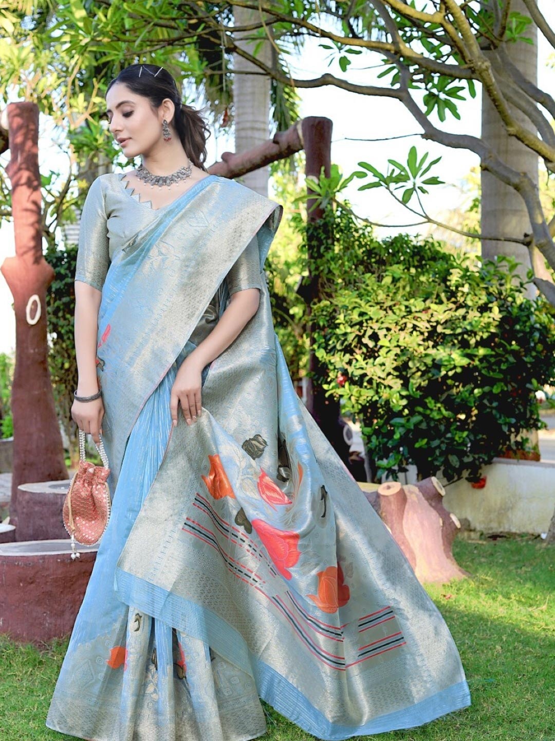 

Amoha Silk Floral Woven Design Zari Pure Silk Tussar Saree, Red