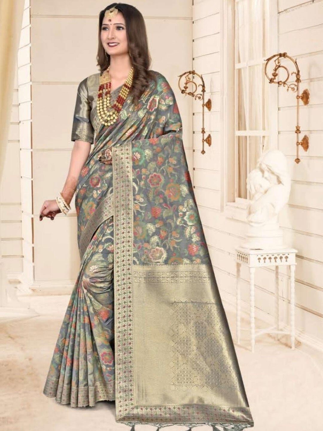 

Amoha Silk Ethnic Motifs Printed Woven Design Zari Pure Silk Tussar Saree, Grey