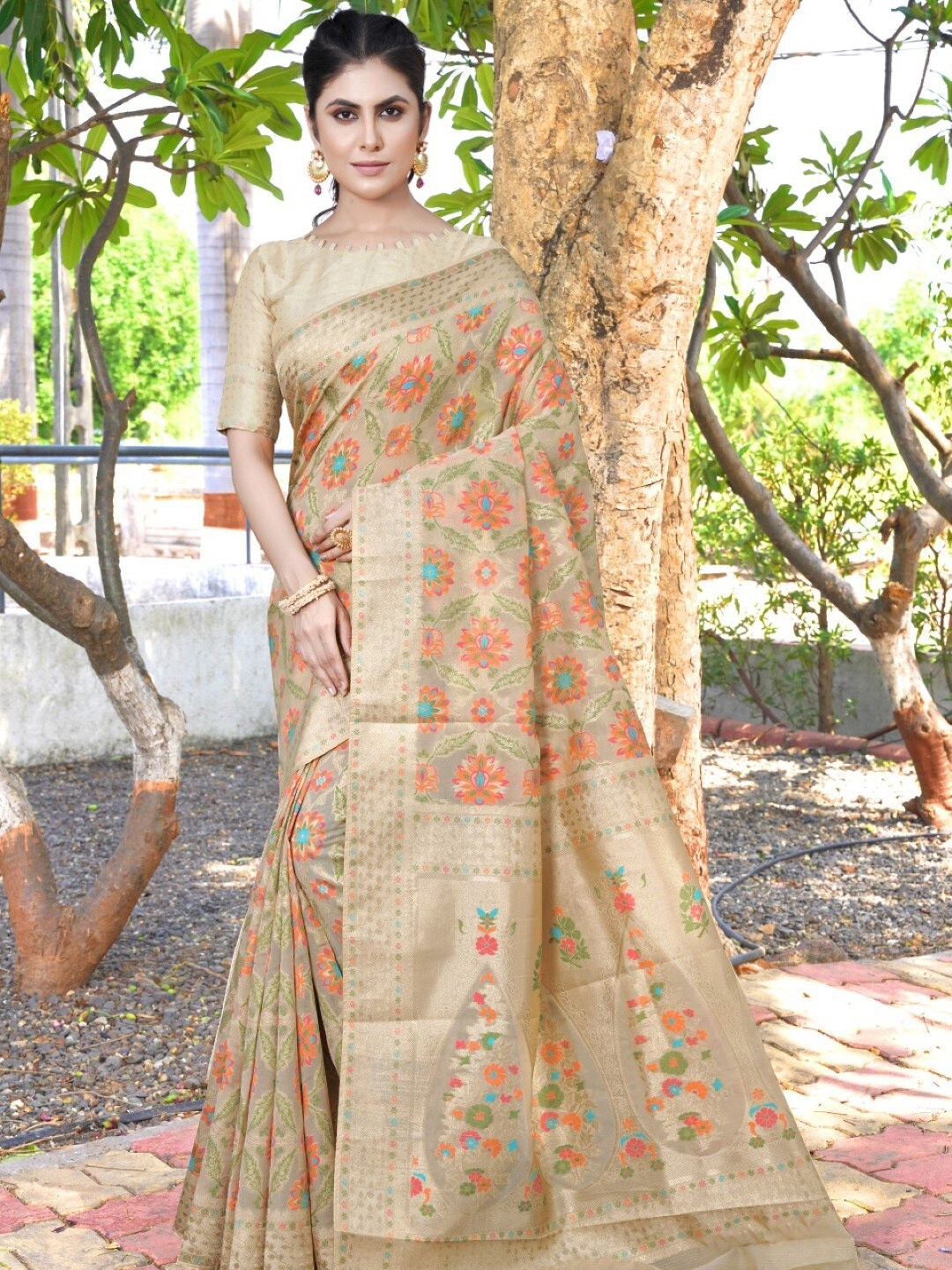 

Amoha Silk Floral Printed Woven Design Zari Pure Silk Tussar Saree, Beige