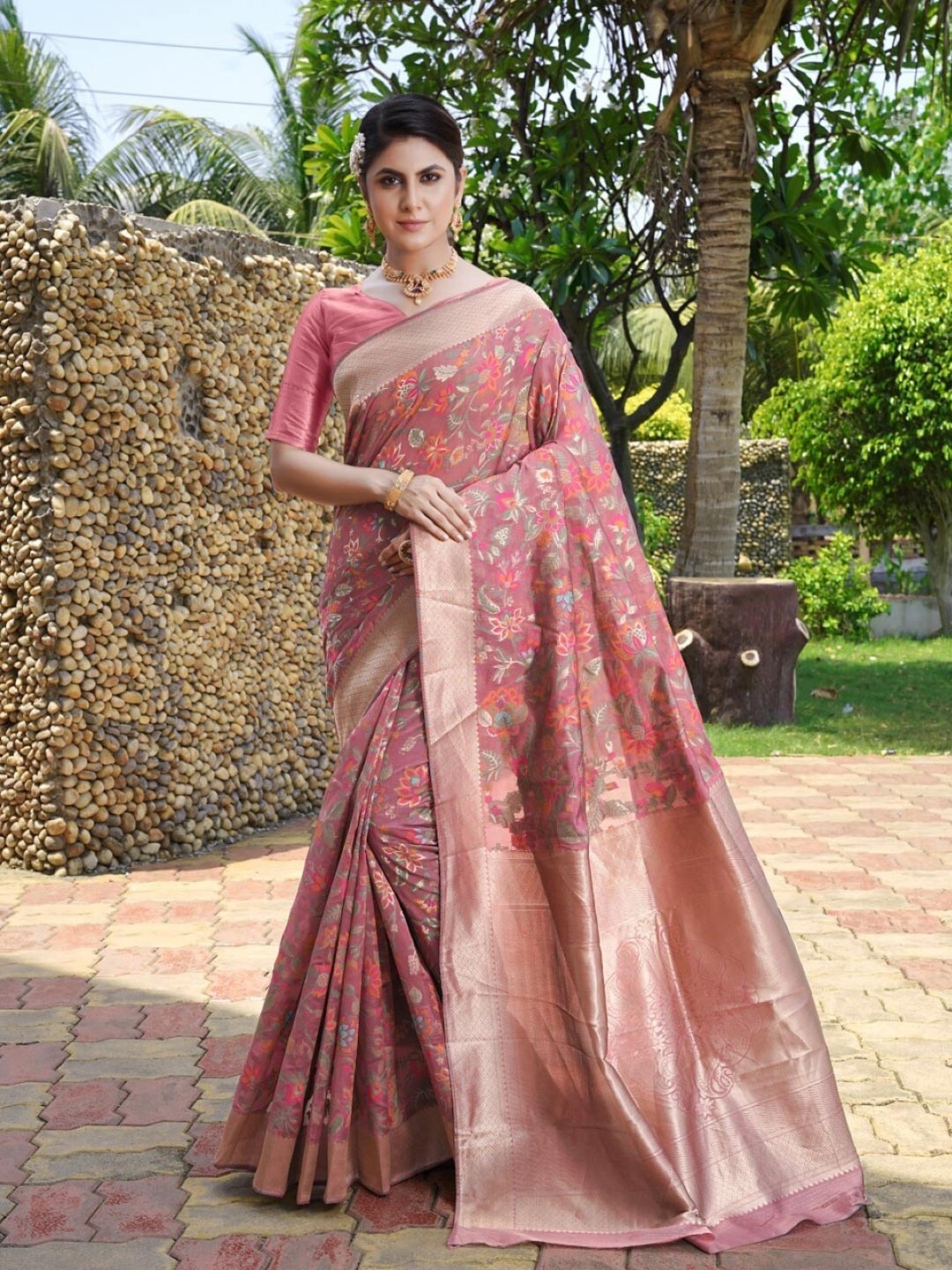 

Amoha Silk Pink Woven Design Floral Zari Pure Silk Tussar Saree