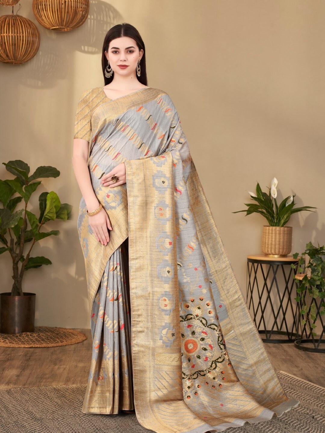 

Amoha Silk Ethnic Motifs Printed Woven Design Zari Pure Silk Tussar Saree, Grey