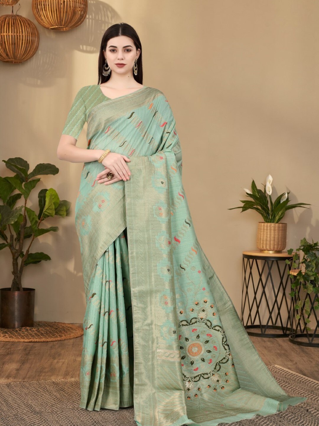 

Amoha Silk Ethnic Motifs Printed Woven Design Zari Pure Silk Tussar Saree, Green