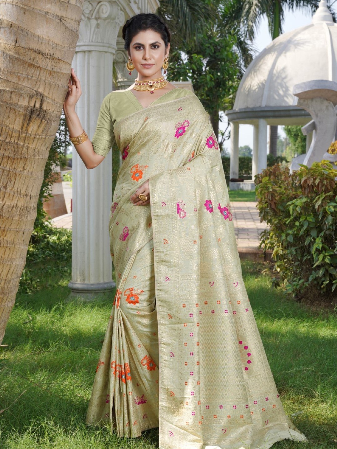 

Amoha Silk Floral Woven Design Zari Pure Silk Tussar Saree, Green