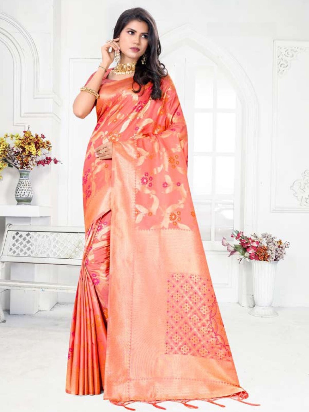 

Amoha Silk Floral Woven Design Zari Pure Silk Tussar Saree, Red