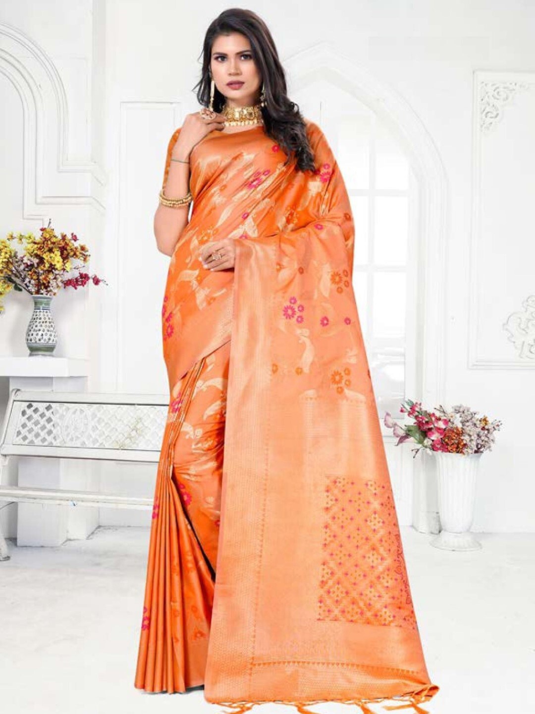 

Amoha Silk Geometric Woven Design Zari Pure Silk Tussar Saree, Peach