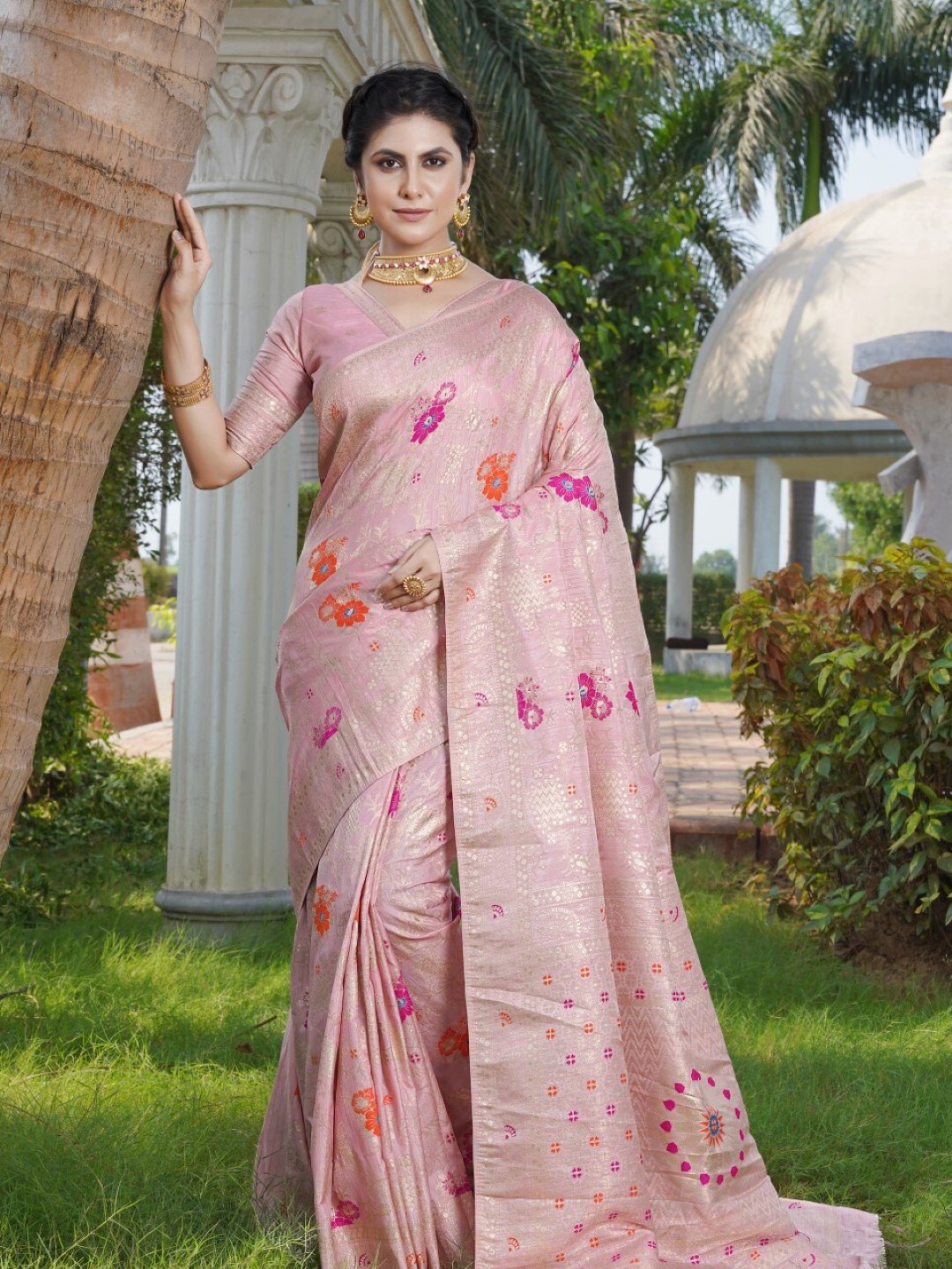 

Amoha Silk Floral Woven Design Zari Pure Silk Tussar Saree, Pink