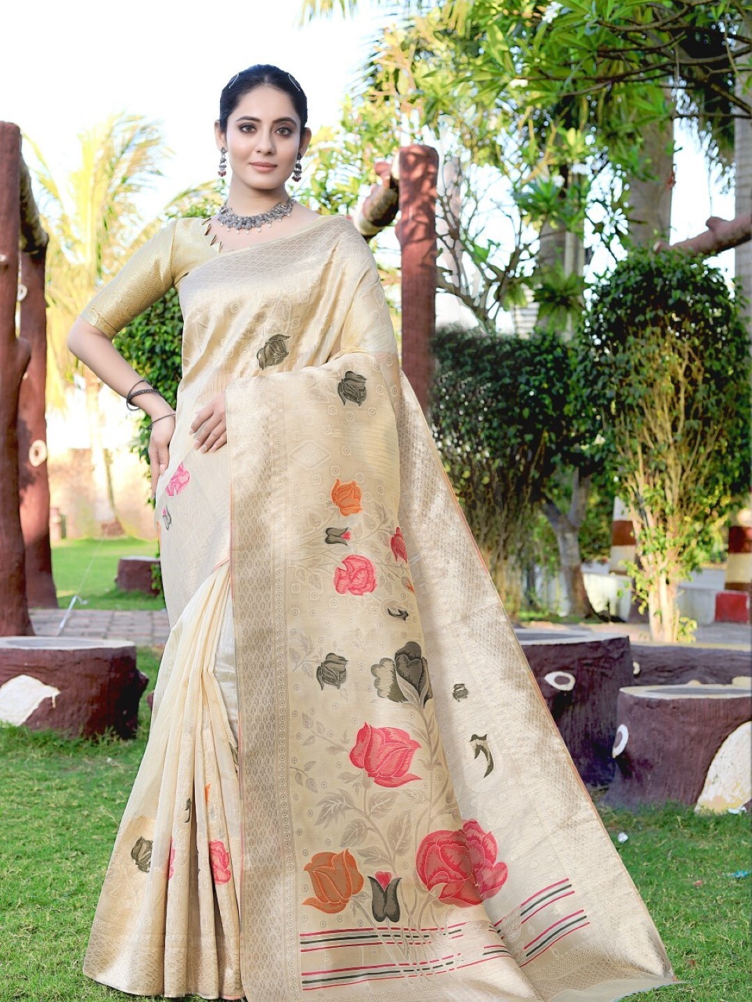 

Amoha Silk Floral Woven Design Zari Pure Silk Tussar Saree, Beige