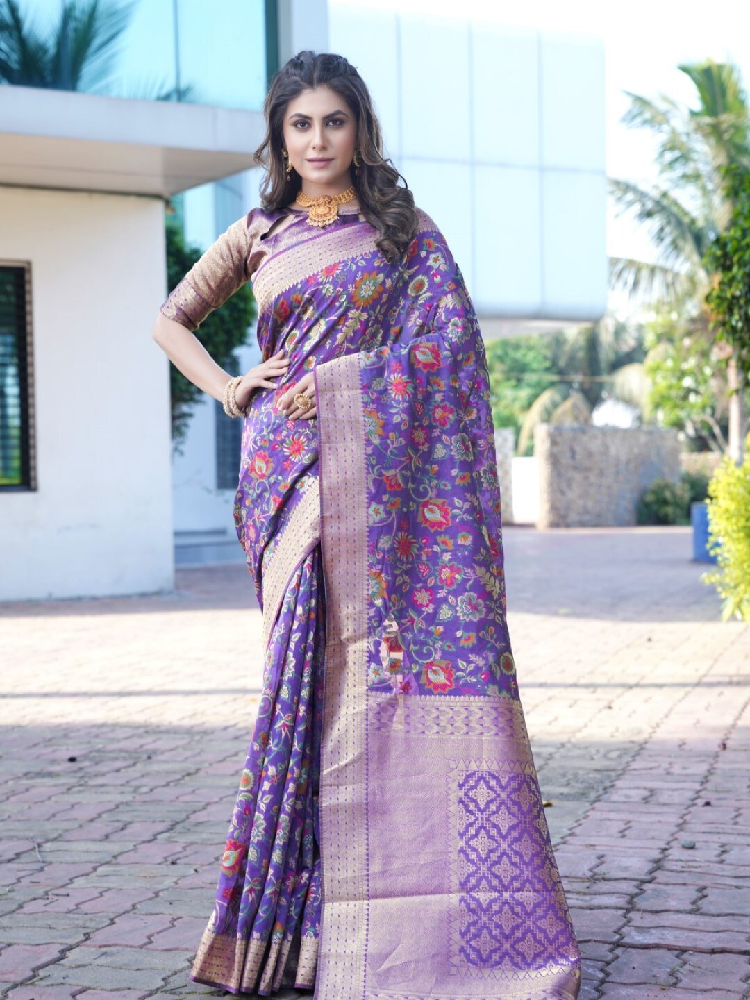 

Amoha Silk Ethnic Motifs Printed Woven Design Zari Pure Silk Tussar Saree, Purple