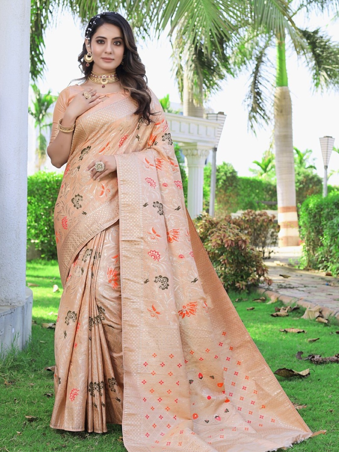 

Amoha Silk Floral Woven Design Zari Pure Silk Tussar Saree, Peach
