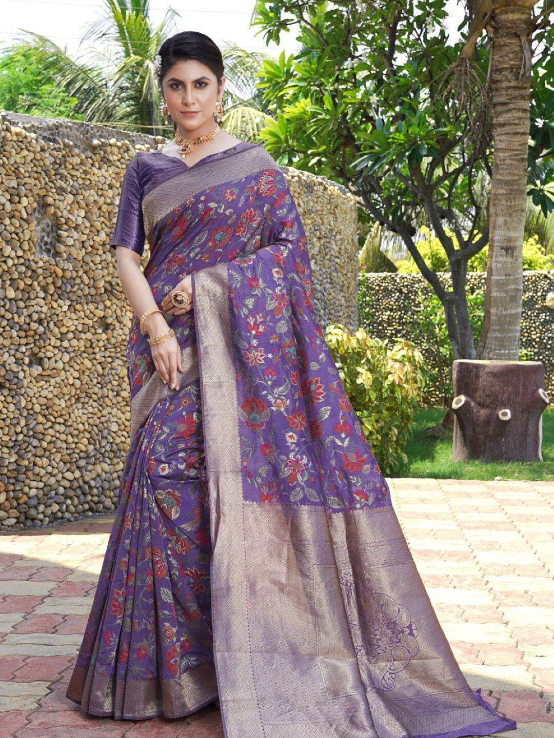 

Amoha Silk Ethnic Motifs Woven Design Zari Pure Silk Tussar Saree, Purple