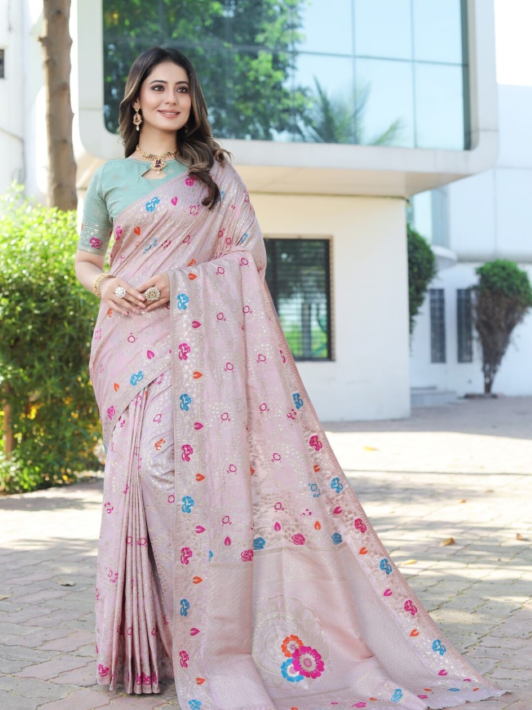 

Amoha Silk Floral Woven Design Zari Pure Silk Tussar Saree, Pink