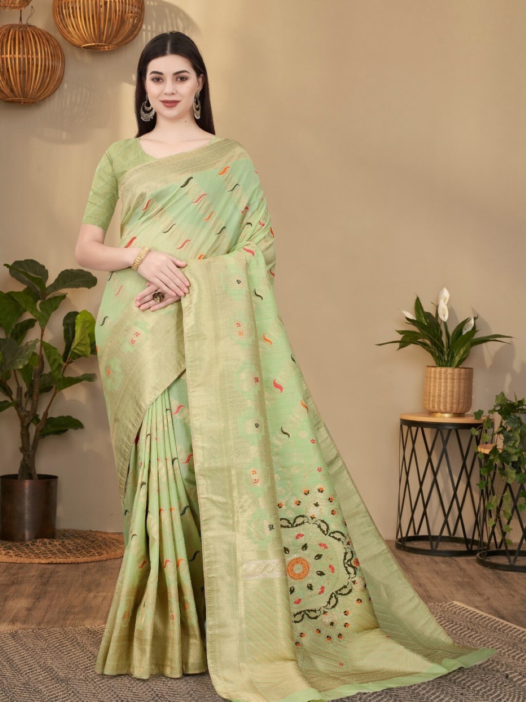 

Amoha Silk Sea Woven Design FloralZari Pure Silk Tussar Saree, Sea green