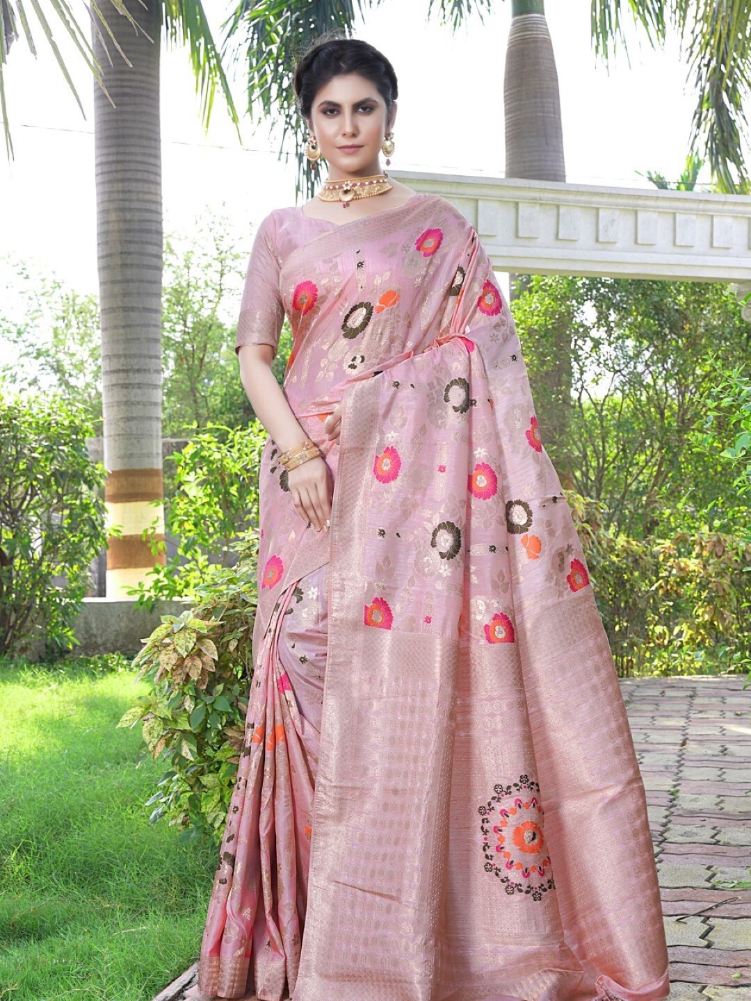 

Amoha Silk Woven Design Floral Zari Pure Silk Tussar Saree, Pink