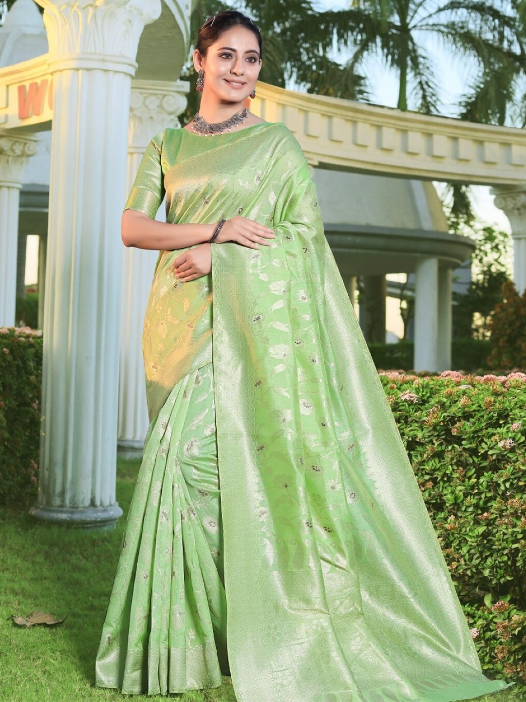

Amoha Silk Floral Woven Design Zari Pure Silk Tussar Saree, Green