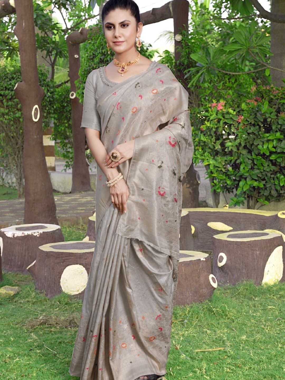 

Amoha Silk Floral Woven Design Zari Pure Silk Tussar Saree, Grey