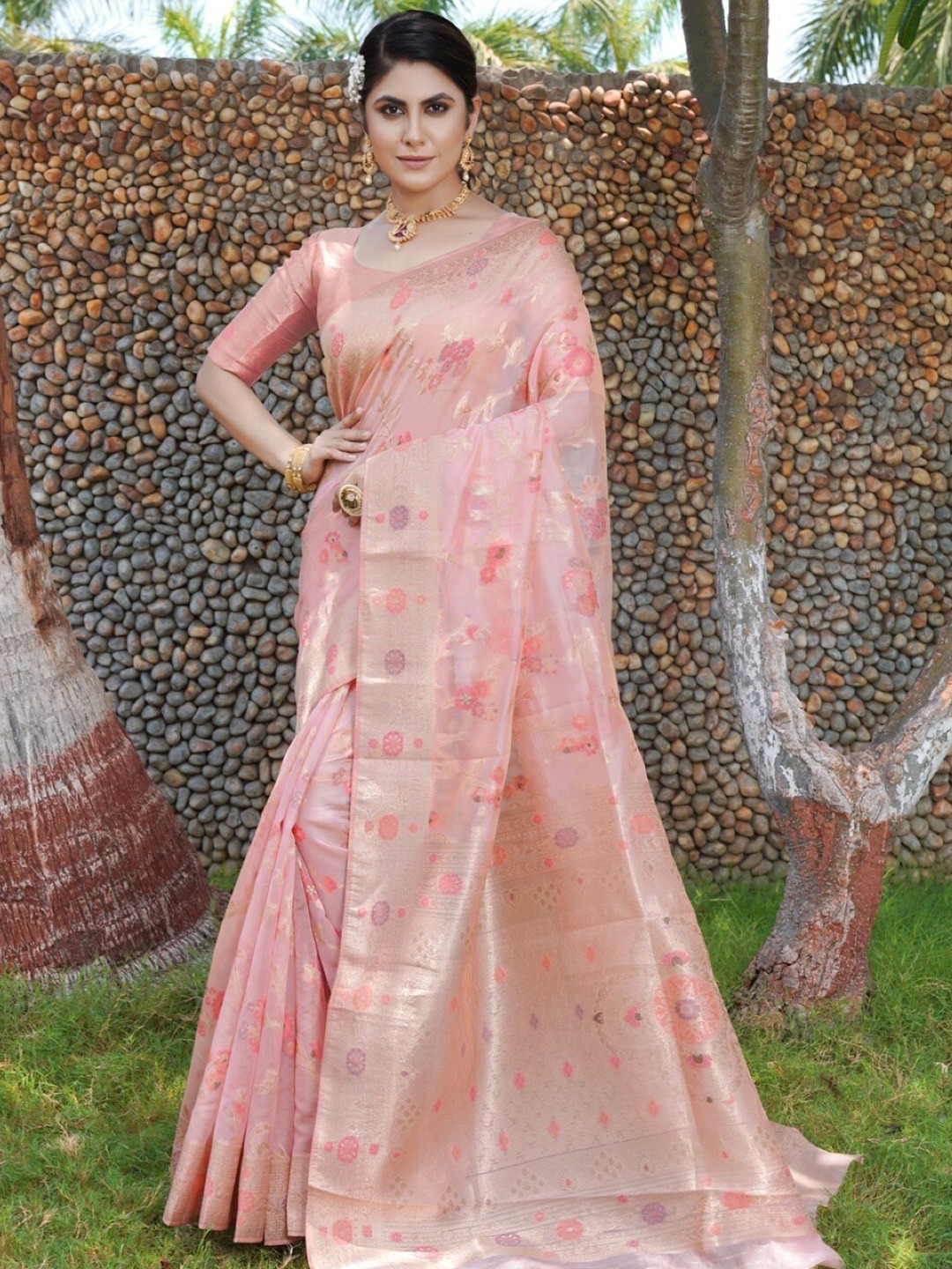 

Amoha Silk Floral Woven Design Zari Pure Silk Tussar Saree, Pink