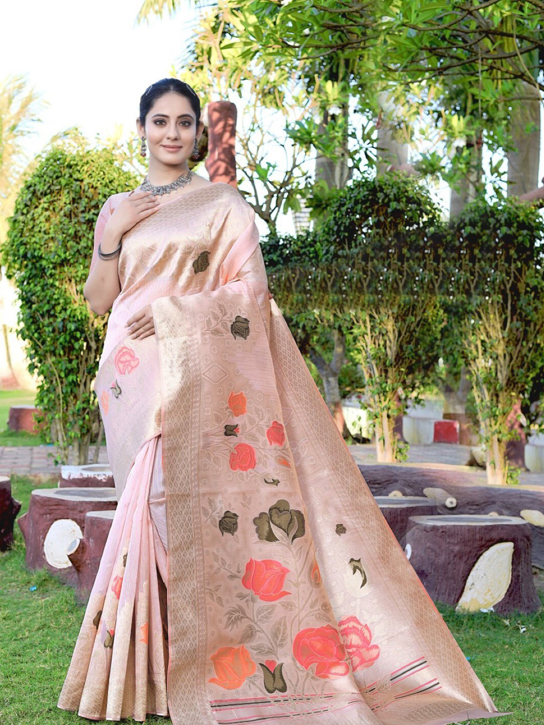 

Amoha Silk Ethnic Motifs Woven Design Zari Pure Silk Tussar Saree, Pink