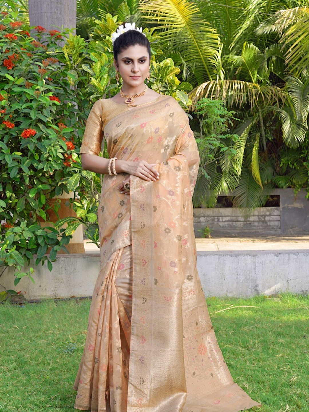 

Amoha Silk Floral Woven Design Zari Pure Silk Tussar Saree, Peach