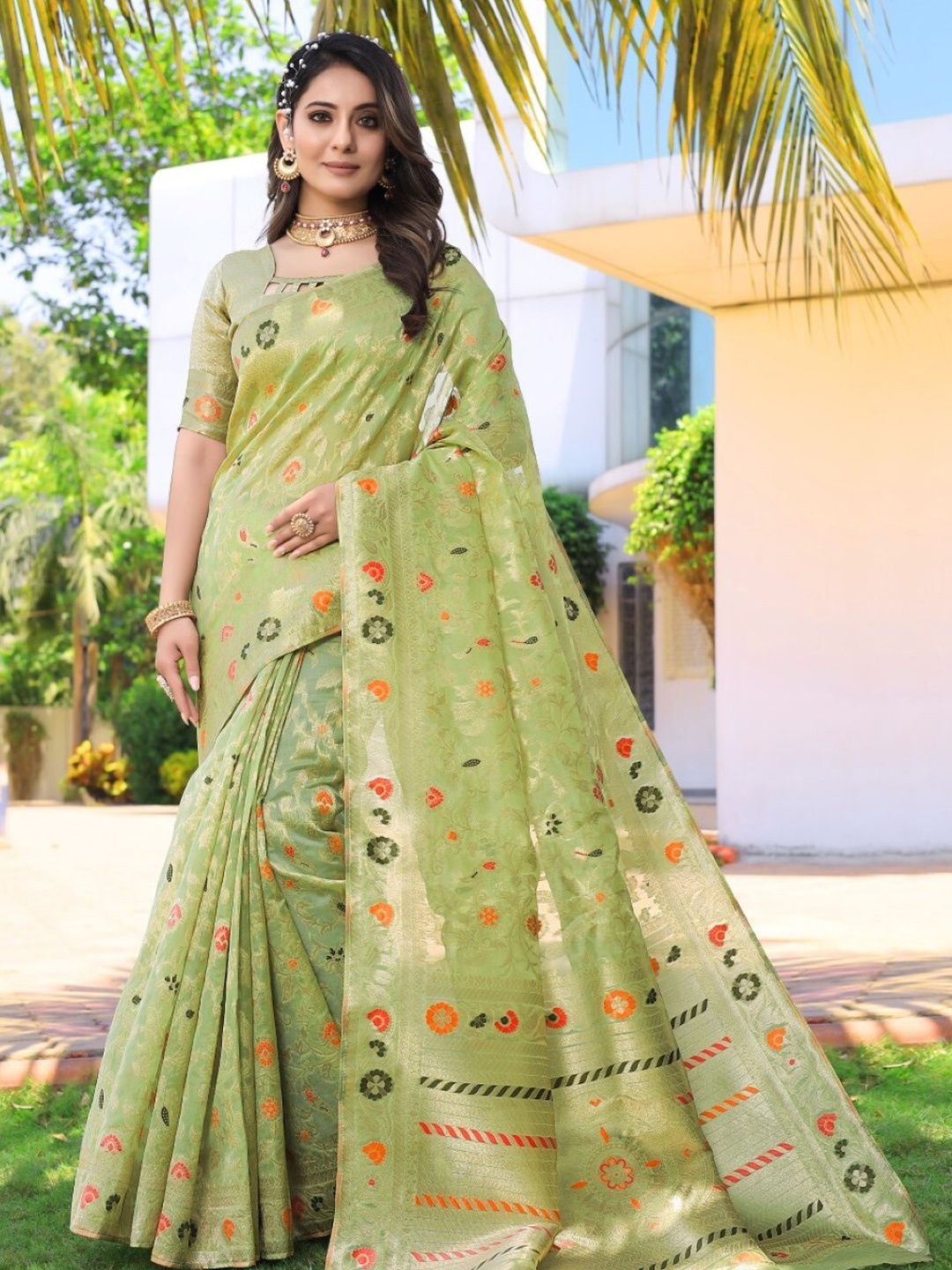 

Amoha Silk Floral Woven Design Zari Pure Silk Tussar Saree, Green