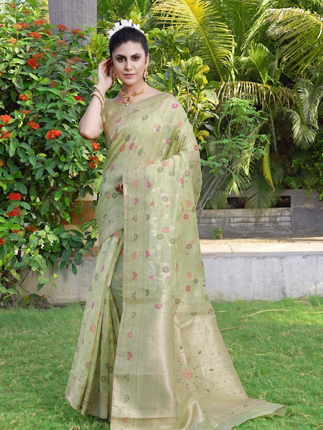 

Amoha Silk Floral Woven Design Zari Pure Silk Tussar Saree, Green