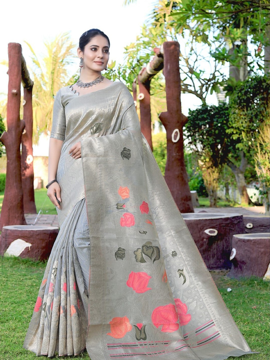 

Amoha Silk Floral Woven Design Zari Pure Silk Tussar Saree, Grey