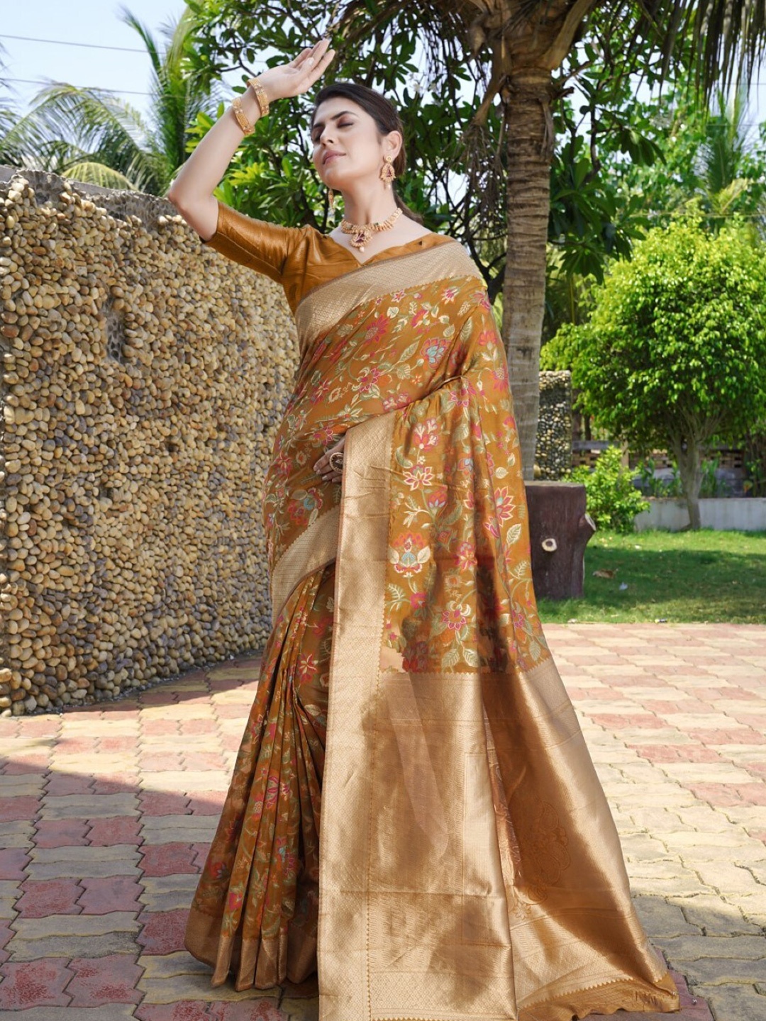 

Amoha Silk Floral Woven Design Zari Pure Silk Tussar Saree, Brown