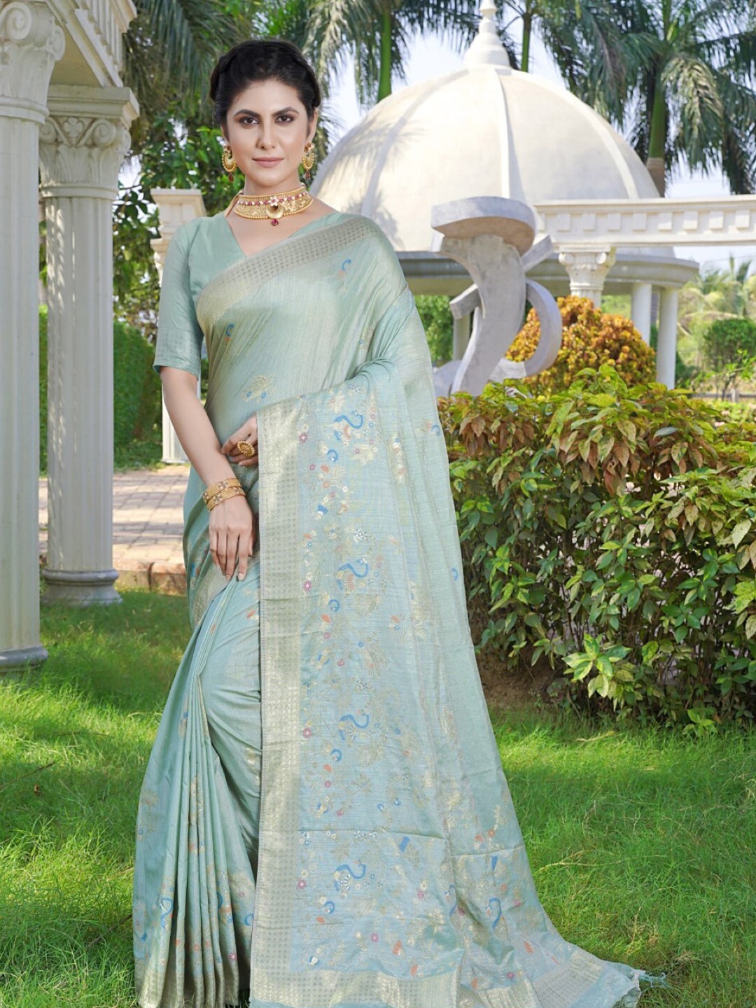 

Amoha Silk Ethnic Motifs Printed Woven Design Zari Pure Silk Tussar Saree, Blue