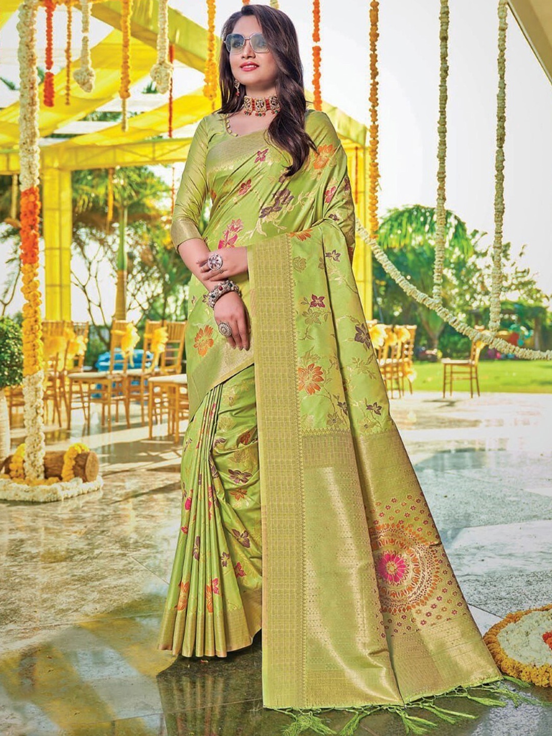 

Amoha Silk Floral Woven Design Zari Pure Silk Tussar Saree, Green