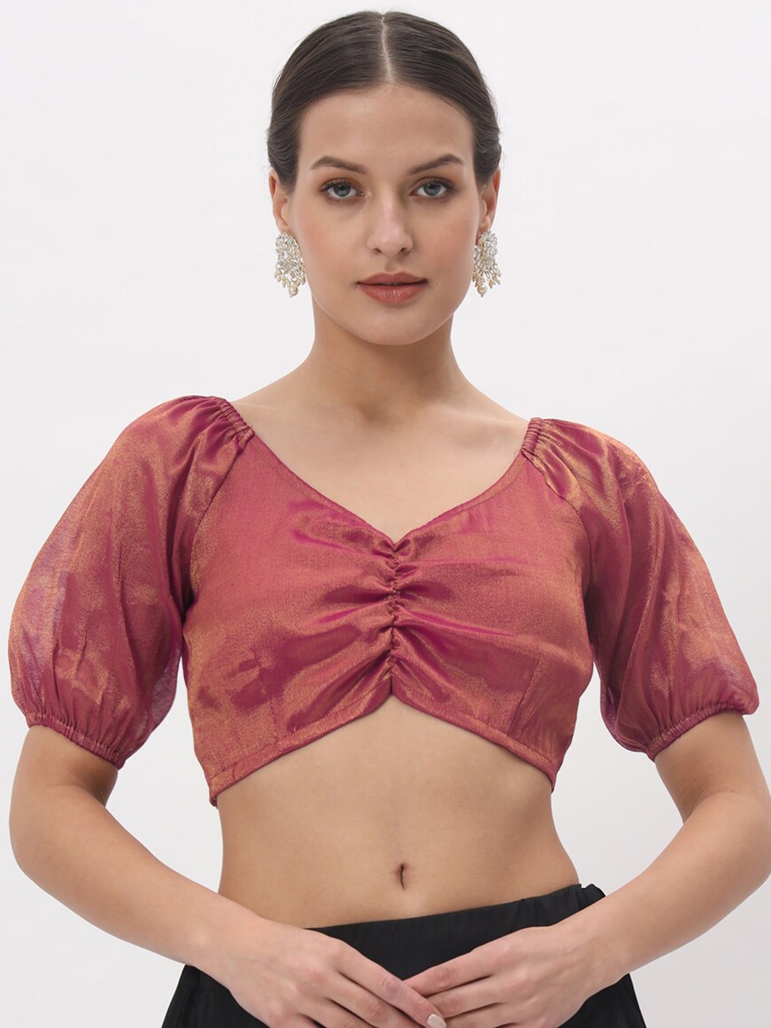 

studio rasa V-Neck Puff Sleeves Tissue Cotton Saree Blouse, Pink
