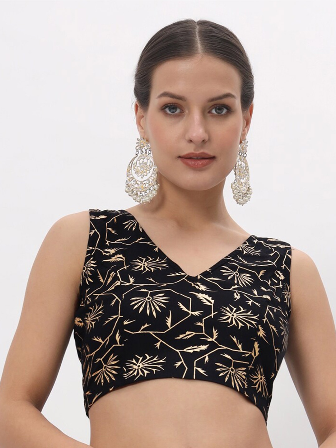 

studio rasa Floral Block Print Sleeveless Saree Blouse, Black