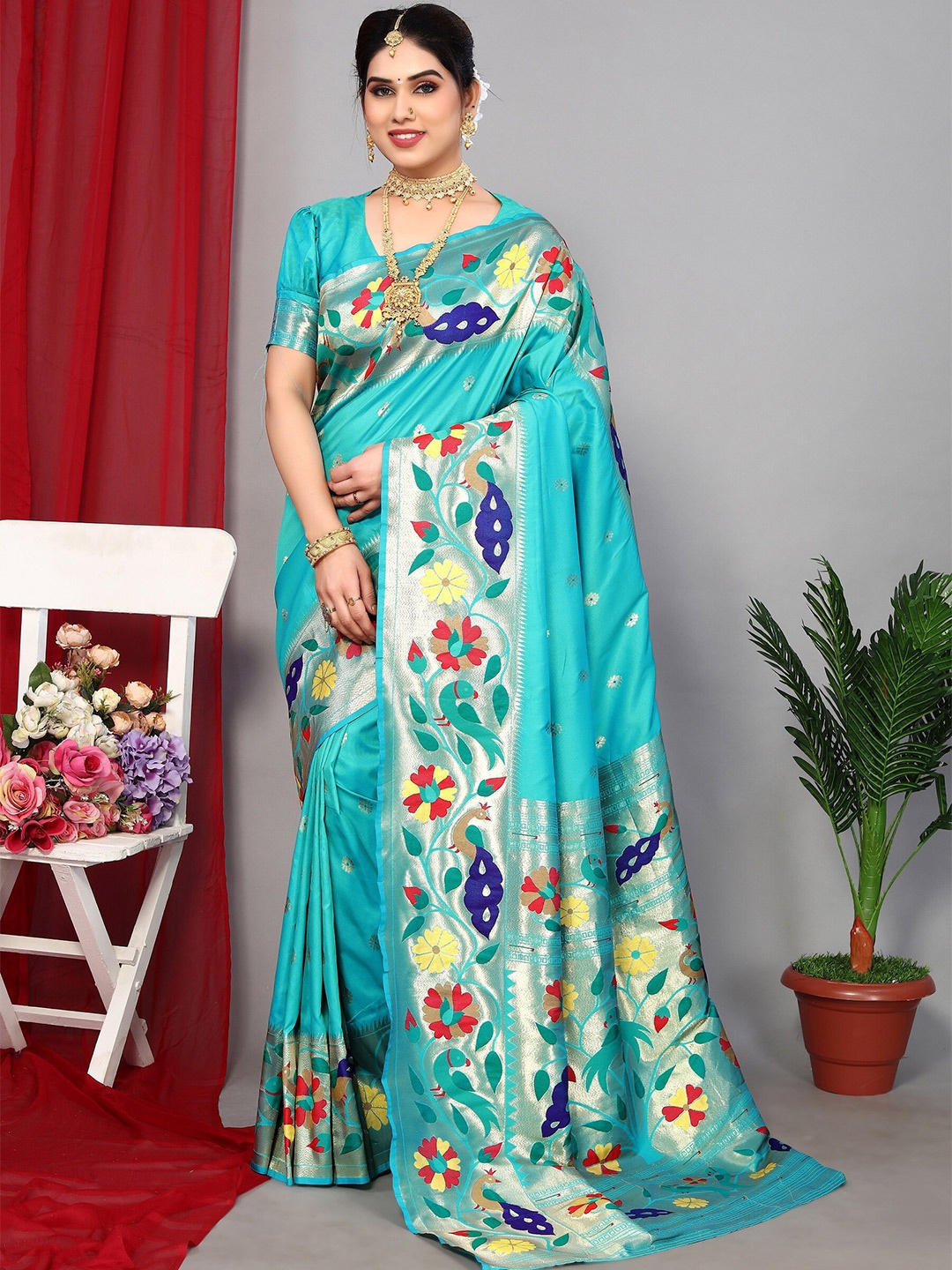 

DRESSTIVE Floral Zari Woven Design Saree, Turquoise blue