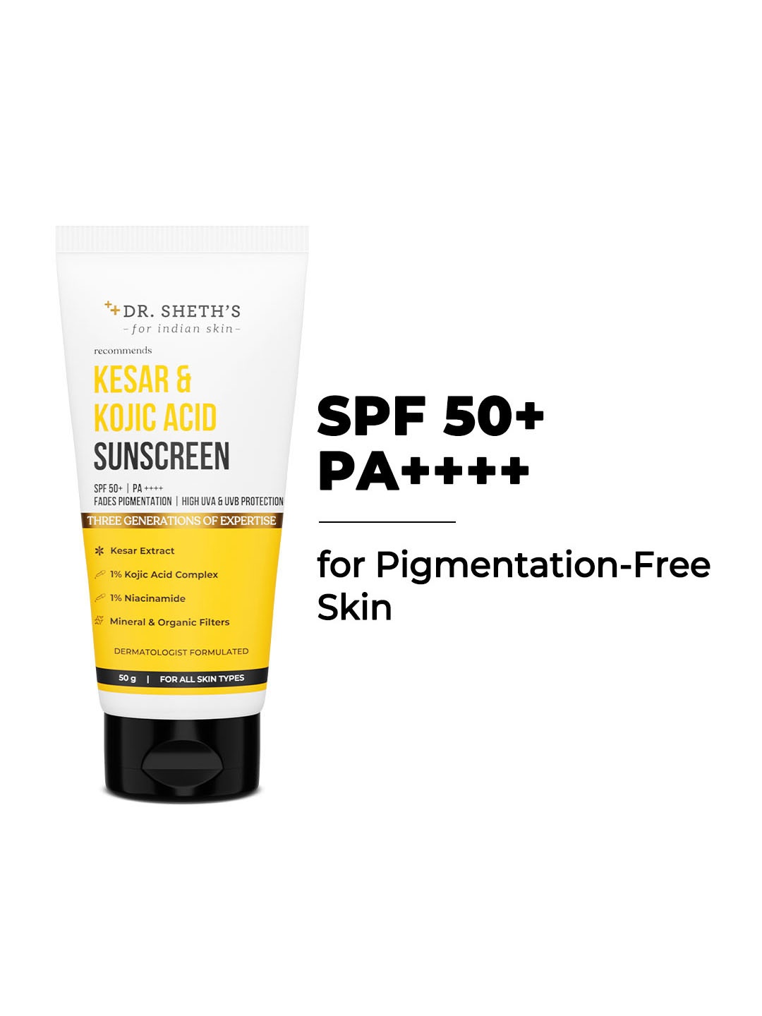 

DR. SHETHS Kesar & Kojic Acid Sunscreen SPF 50+ PA++++ - 50g, White