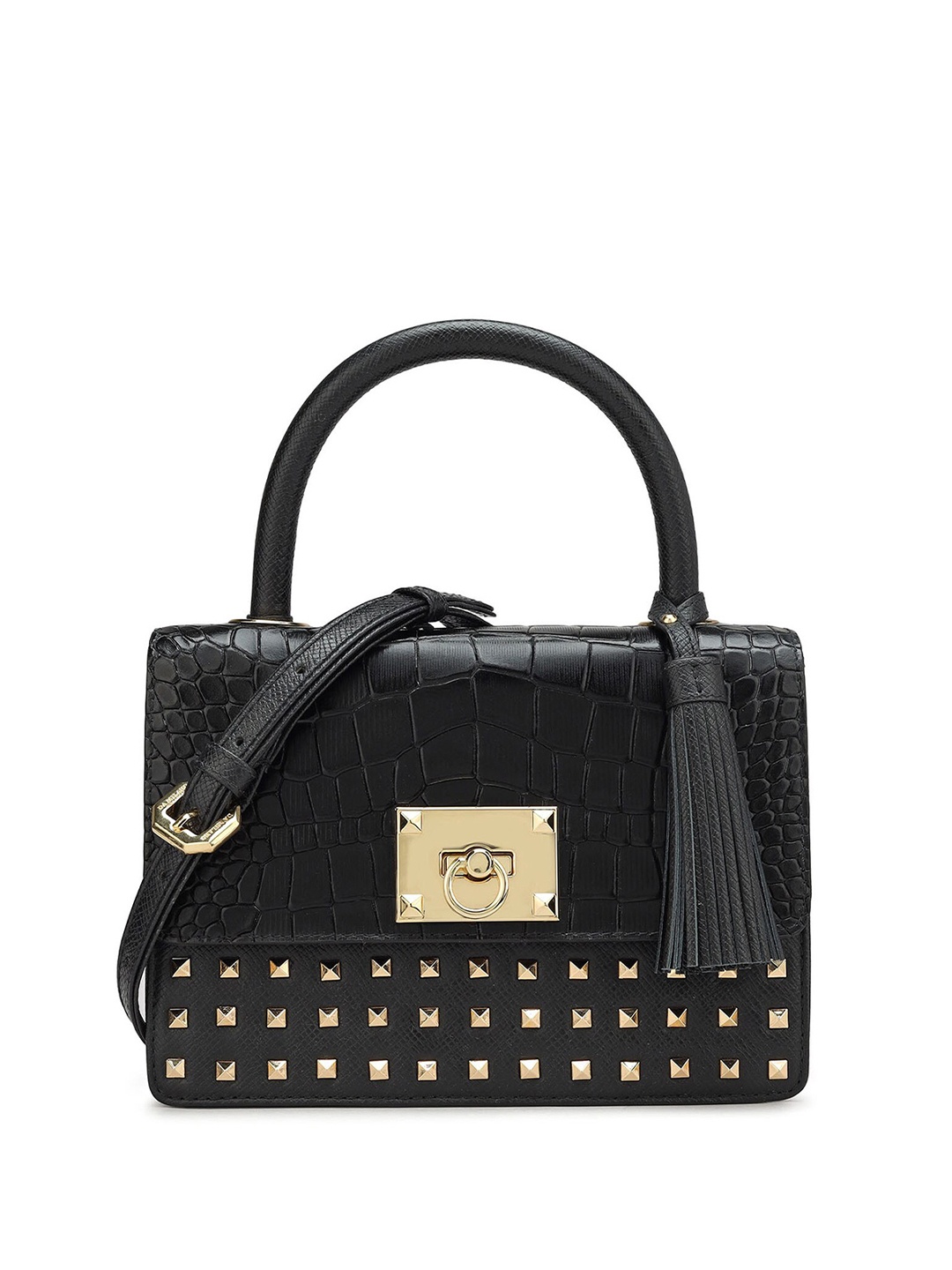 

Da Milano Textured Embellished Detailed Structured Leather Handheld Bag, Black