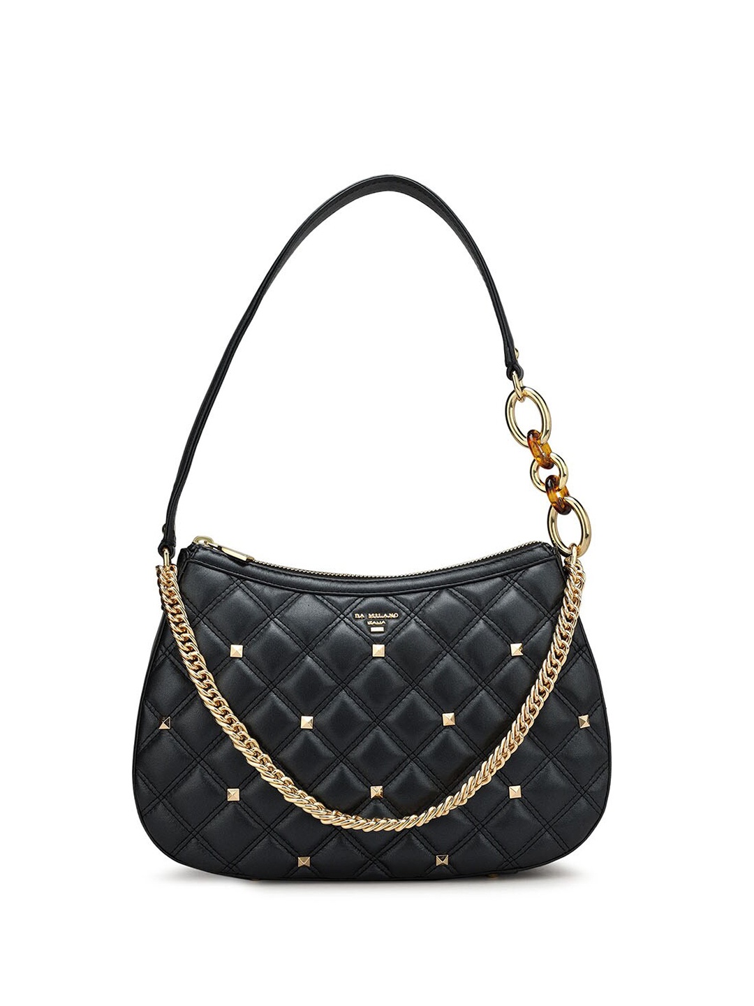 

Da Milano Textured Embellished Detailed Half Moon Leather Handheld Bag, Black