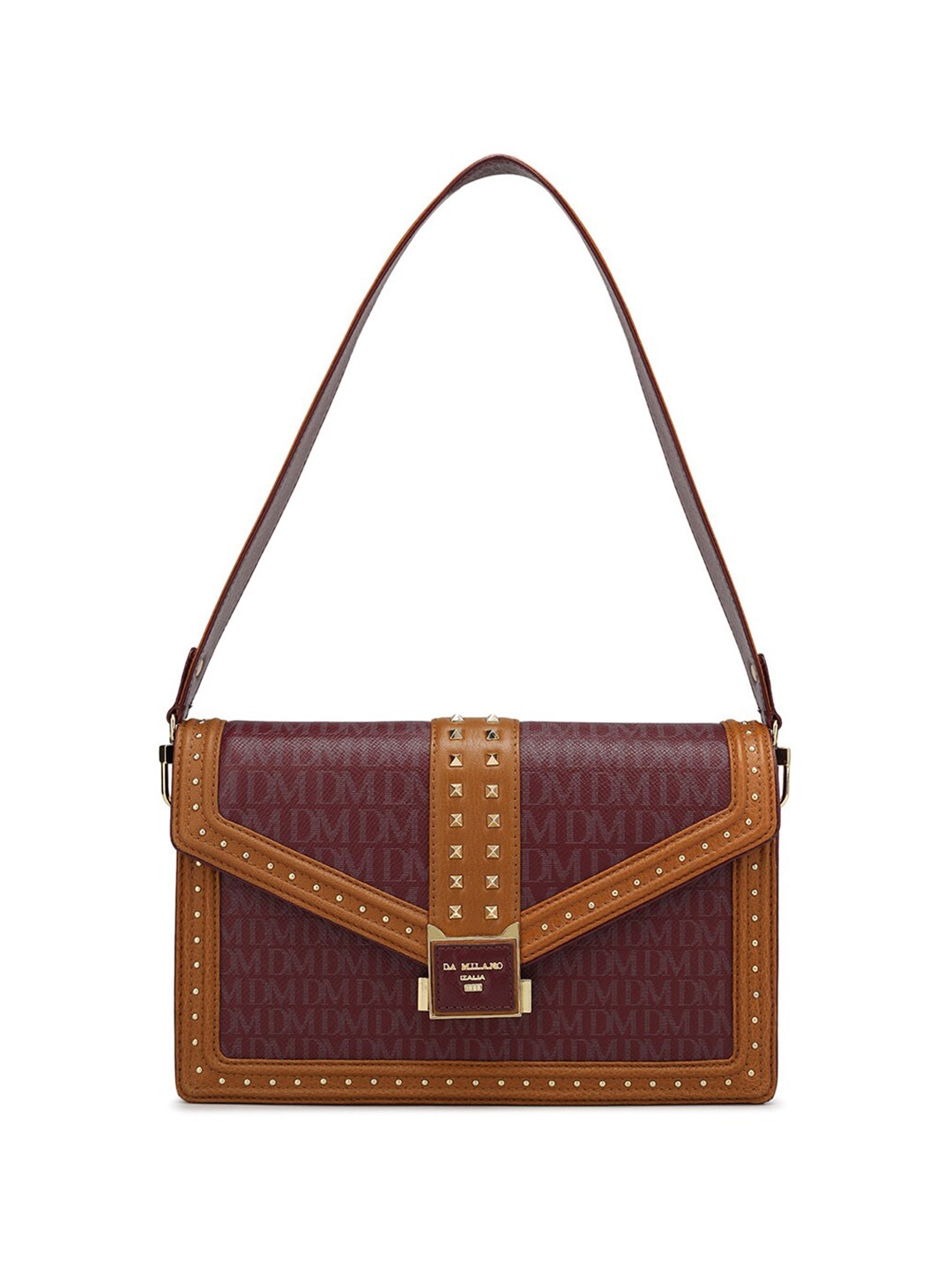 

Da Milano Typography Printed Embellished Detailed Structured Leather Shoulder Bag, Burgundy