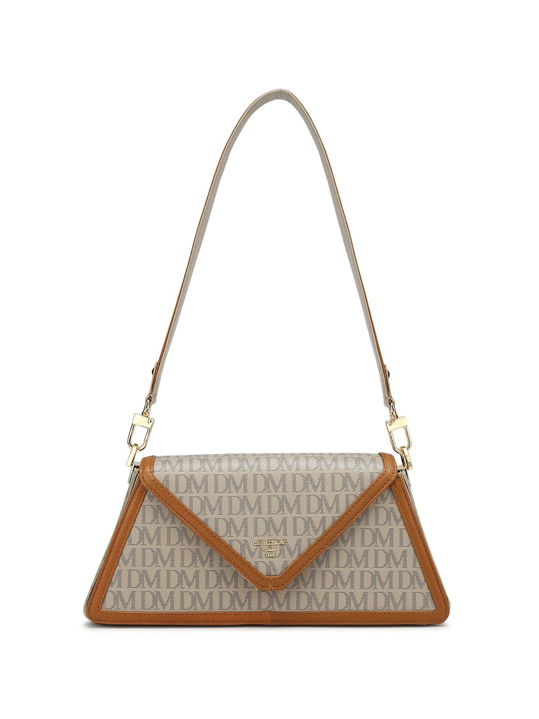 

Da Milano Typography Printed Structured Leather Shoulder Bag, Beige