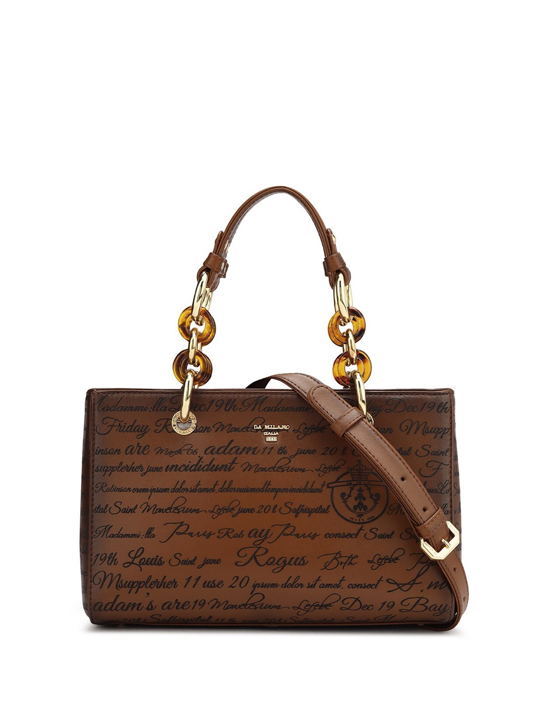 

Da Milano Typography Printed Leather Structured Handheld Bag, Brown