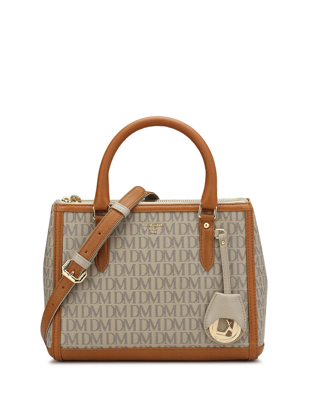 

Da Milano Typography Printed Leather Structured Handheld Bag, White