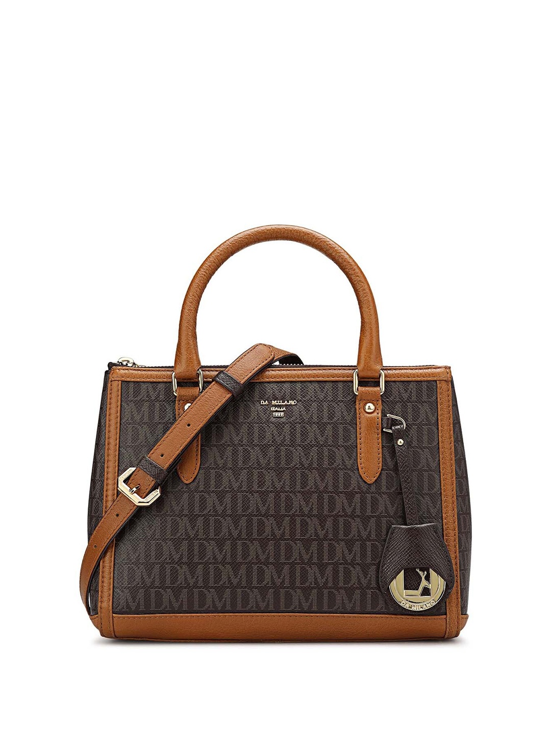 

Da Milano Typography Printed Leather Structured Handheld Bag, Brown