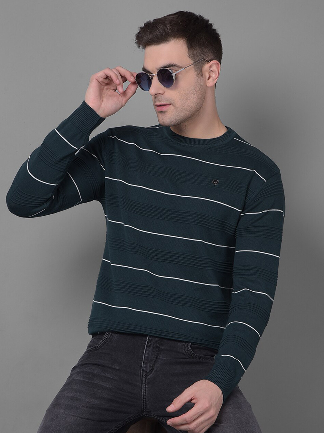 

Crimsoune Club Striped Long Sleeves Pure Cotton Pullover, Green