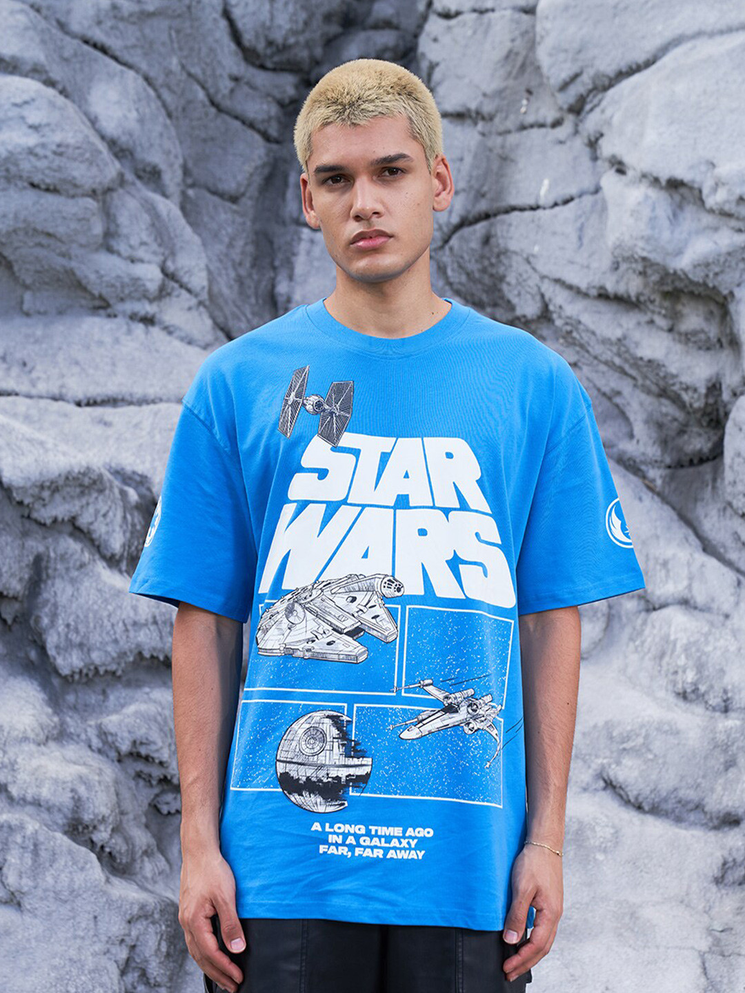 

Bonkers Corner Blue Star Wars Printed Drop-Shoulder Longline Cotton Oversized T-shirt