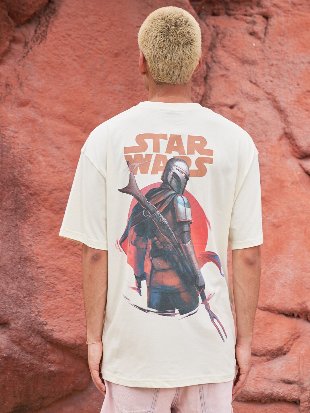 Bonkers Corner Cream-Coloured Star Wars Printed Drop-Shoulder Cotton Oversized T-shirt