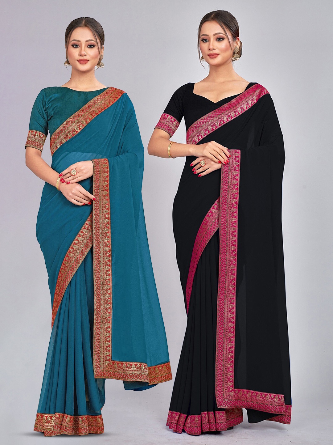 

CastilloFab Zari Pure Georgette Saree, Teal