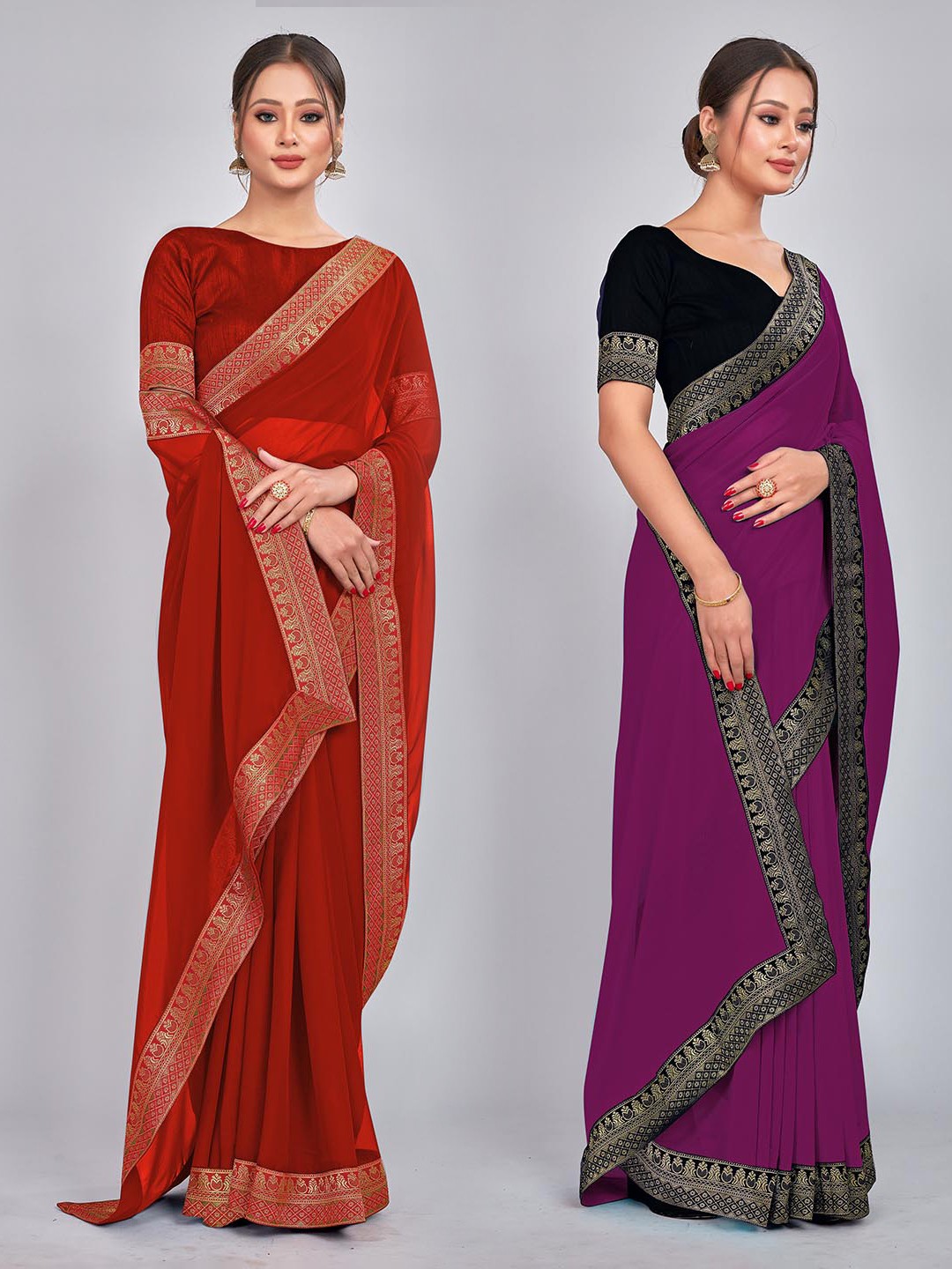 

CastilloFab Selection Of 2 Pure Georgette Saree, Red