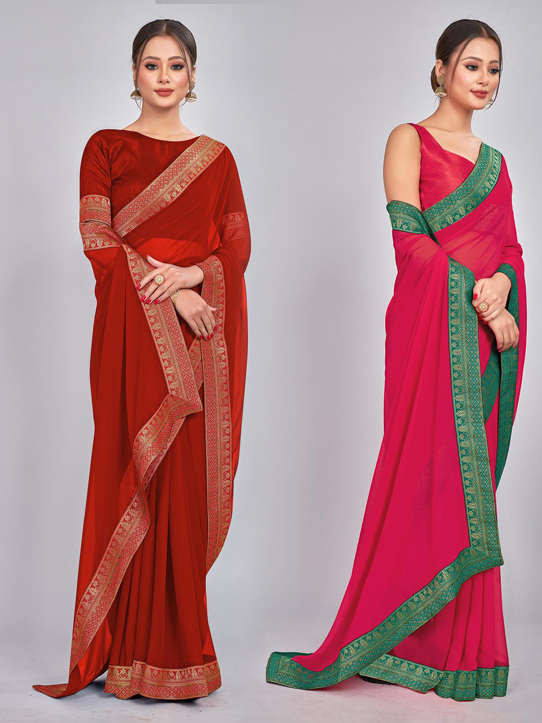 

CastilloFab Selection of 2 Zari Pure Georgette Saree, Red