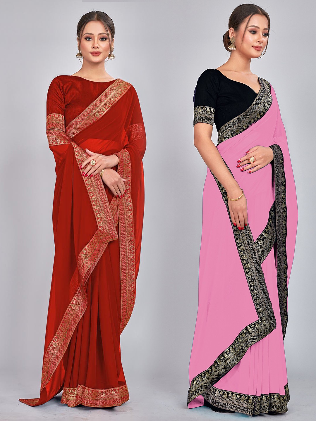 

CastilloFab Selection Of 2 Zari Pure Georgette Sarees, Red